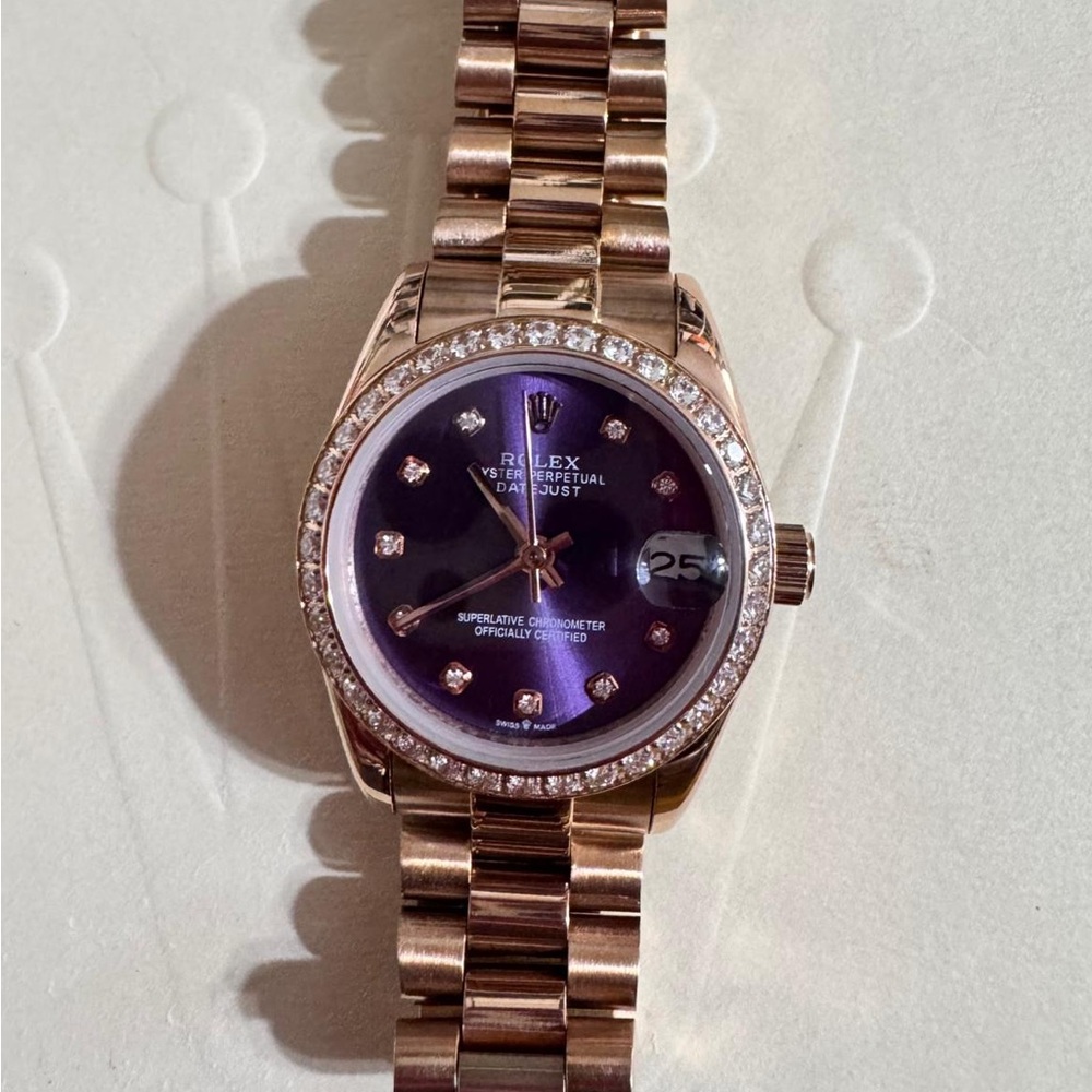 Rolex Rose Gold Watch with Diamond Bezel, Purple Dial - Picture 7 of 7